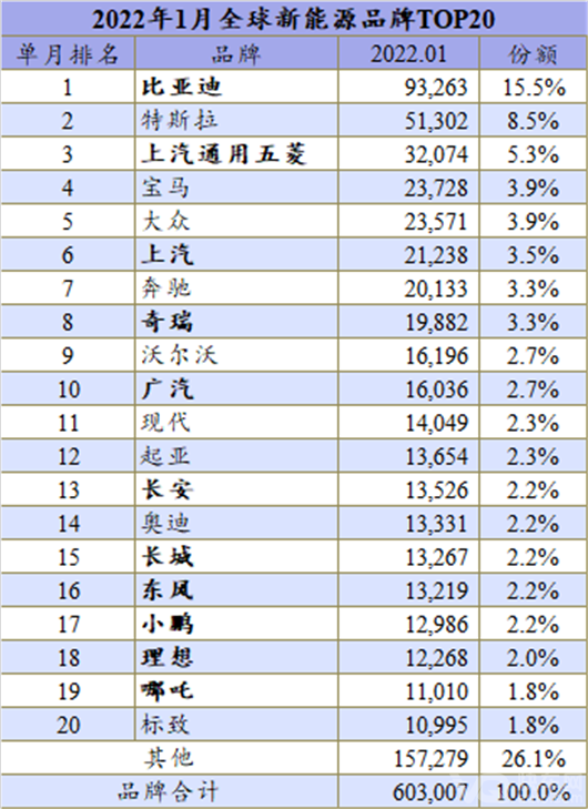 1月全球新能源：自主“称霸”全球