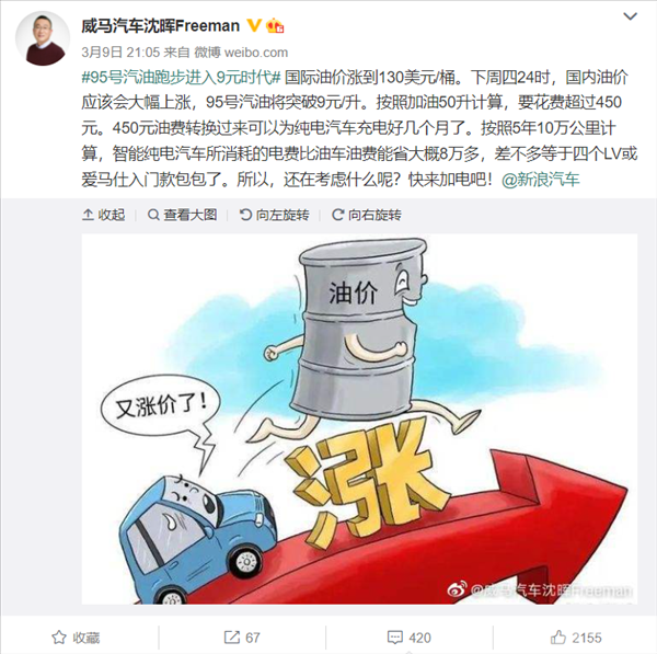 95号汽油或将迎来9元时代！车企创始人：电动车10万公里能省出4个LV包了