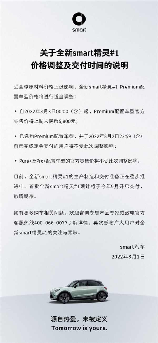 一台还没交付就涨价！全新smart精灵#1价格调整：多花5800元